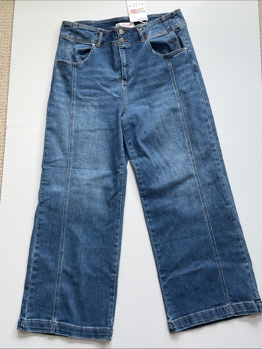 Risen Straight High Rise Medium Wash Ankle Wide Leg Jeans with Front Seam